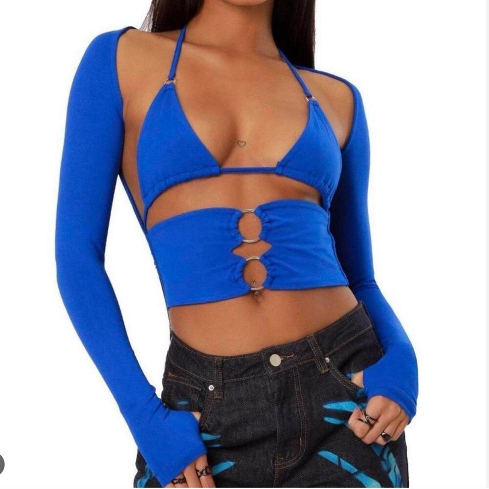 The Kript extreme cut out ring detail crop top in cobalt